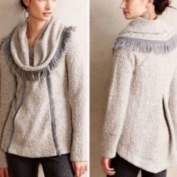 Anthropologie Angel of the North fringe cowl neck gray wool sweater size M - Picture 1 of 7